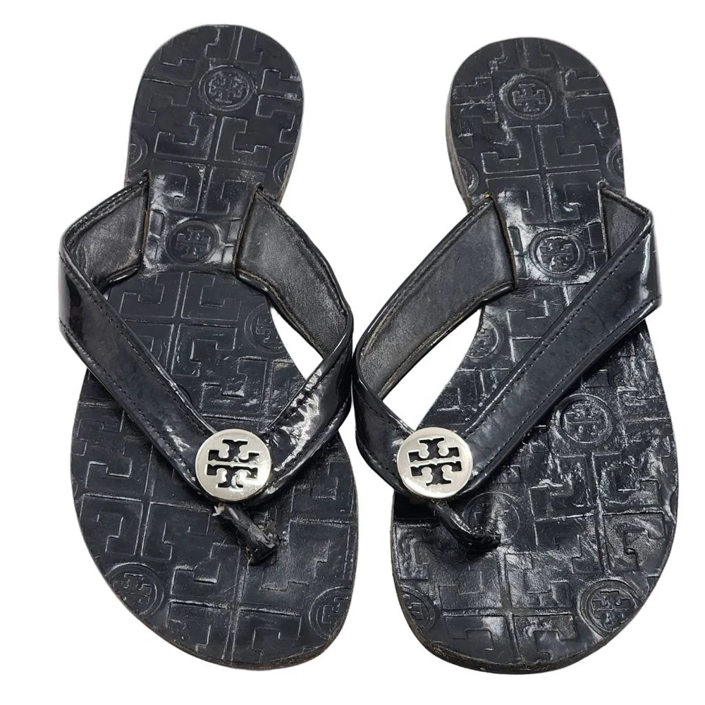 TORY BURCH Thora Patent Leather Thong Sandals DAMAGED Black Sandals 6